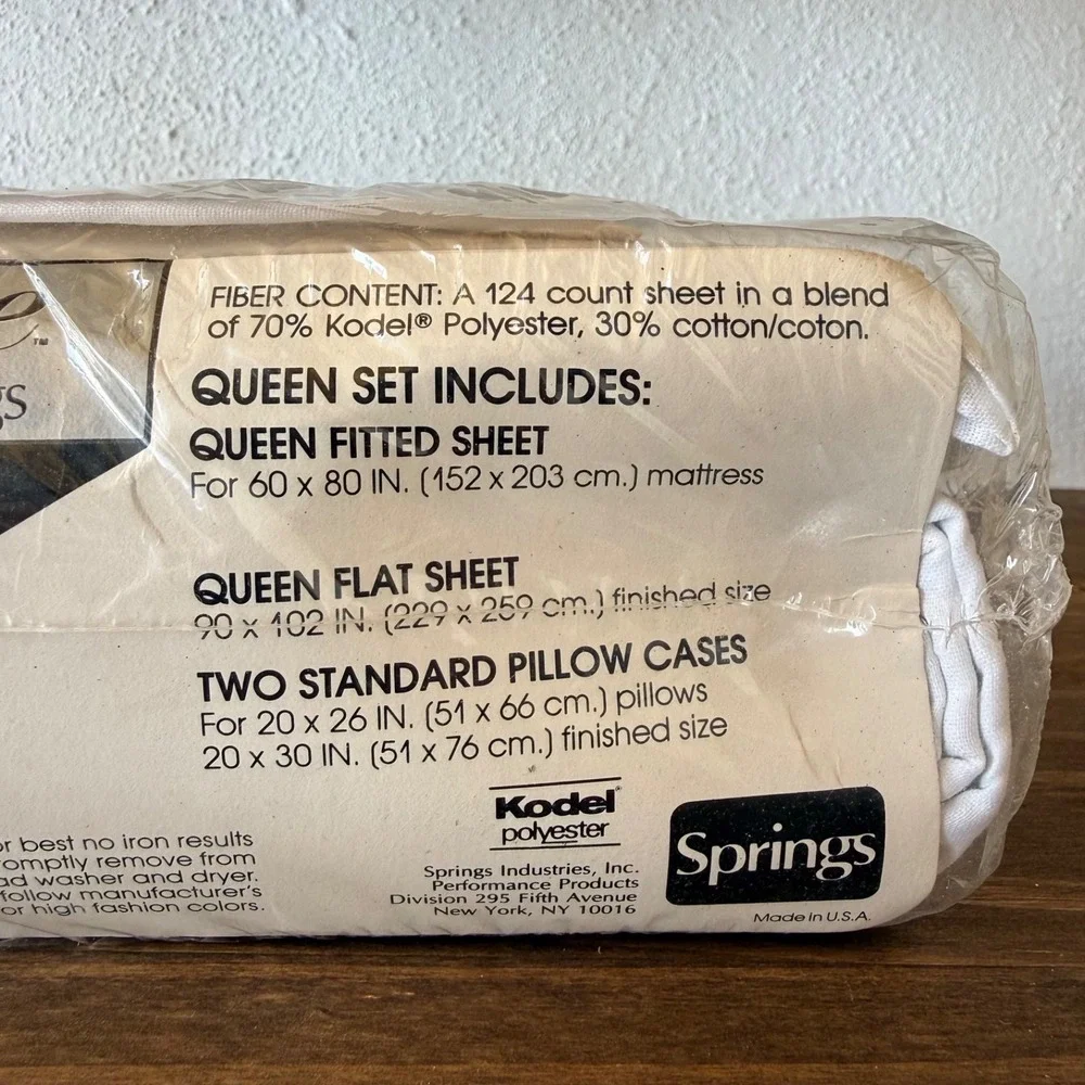 Vintage Springs Twilite White Sheet Set‎ Queen 4pc NOS No Iron USA